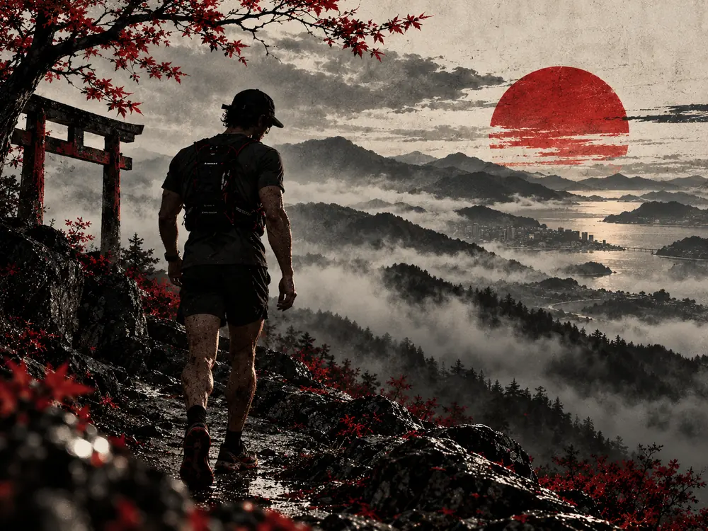 A runner on a misty ridge beneath a red sun