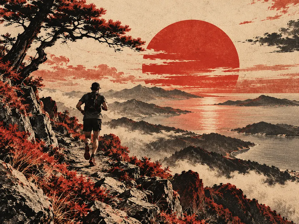 A trail runner beneath a large red sun