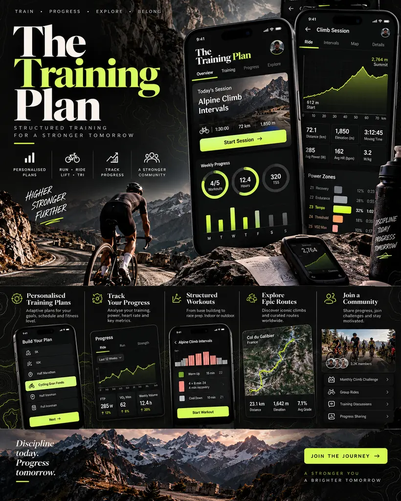 Training plan app screens over a mountain road