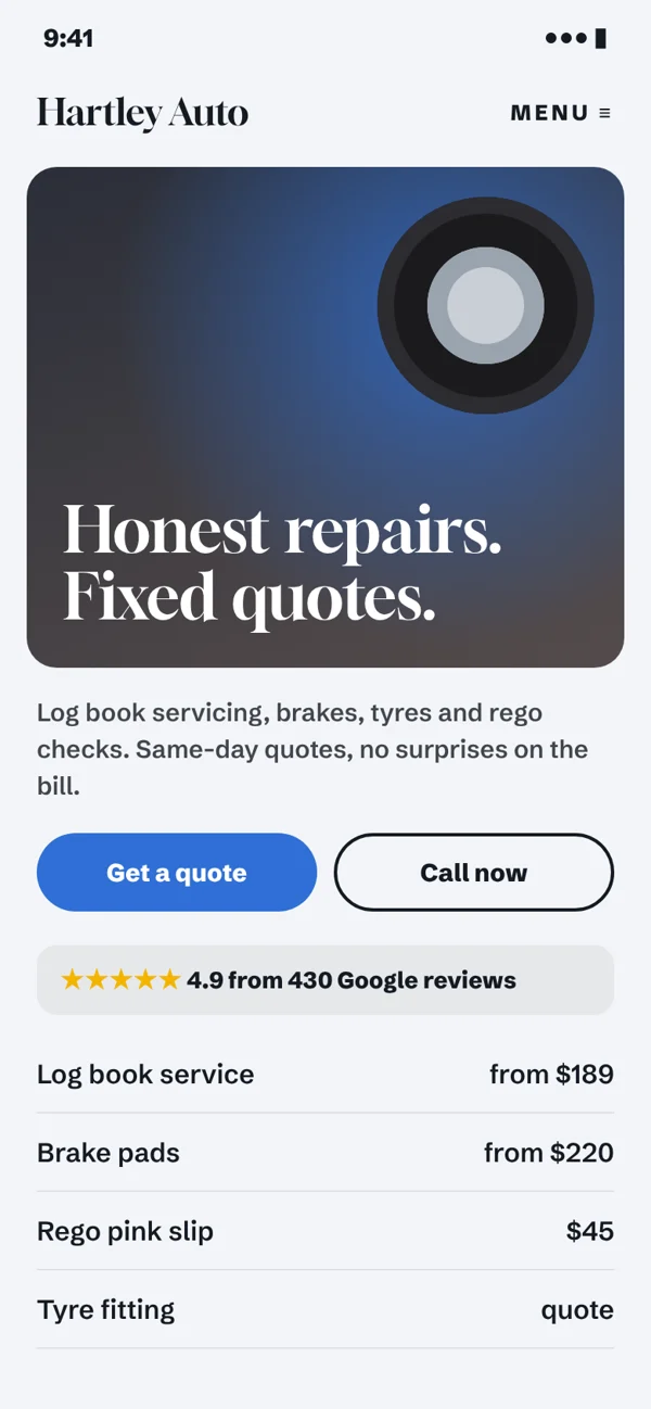 The same mechanic's new homepage with a Get a quote button and reviews